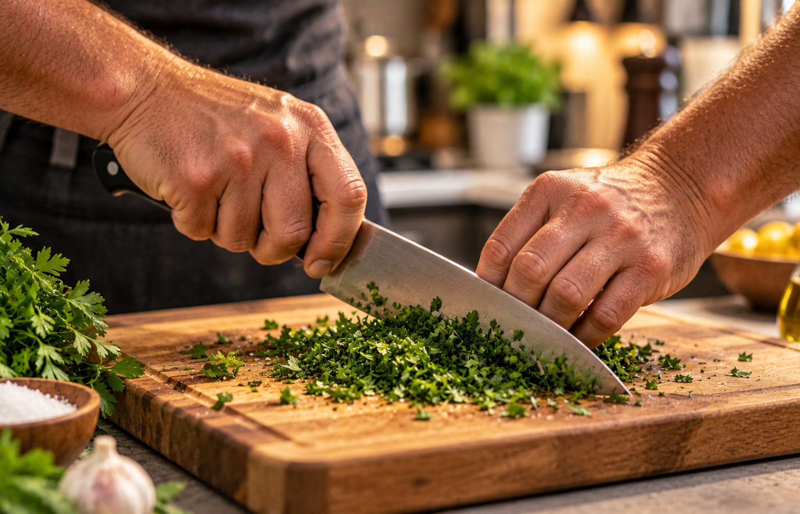 Chopped herbs and flaky salt on a wooden board